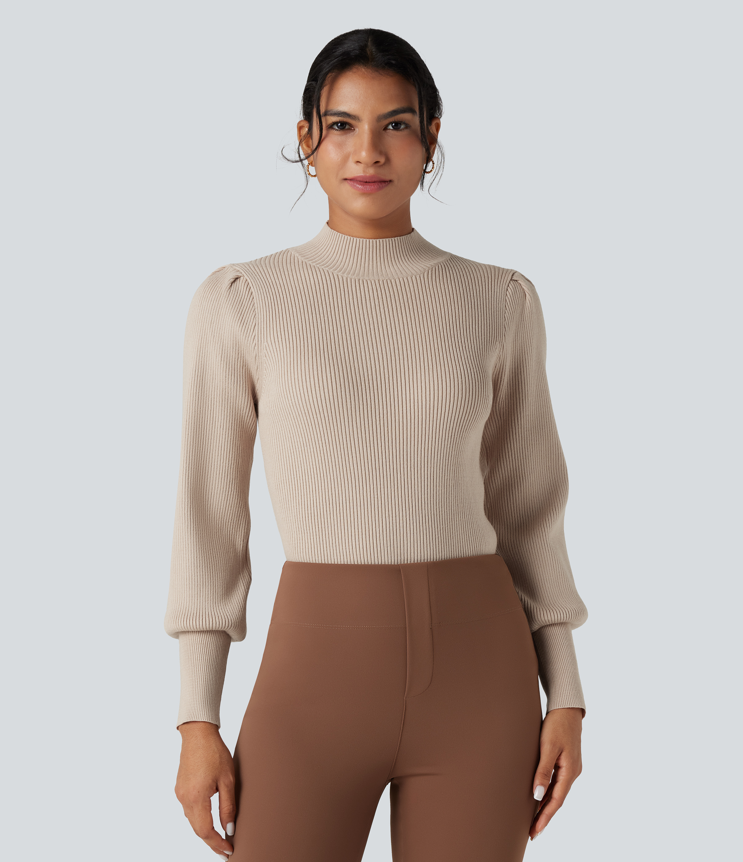 Mock Neck Puff Long Sleeve Casual Sweater