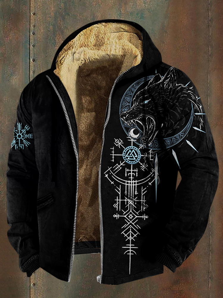 Men's Viking Wolf Runes Pattern Zipper Jacket