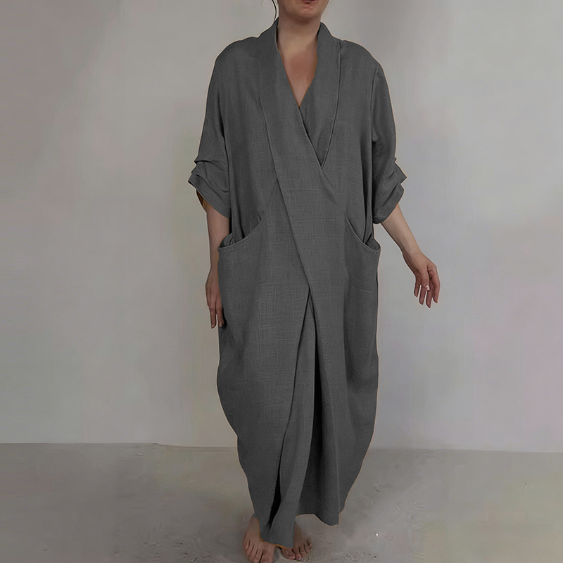 Retro Monk's Robe-style V-neck Cotton Linen Dress