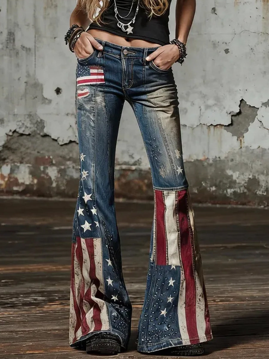 Women's American Flag  Inspired Print Vintage Jeans