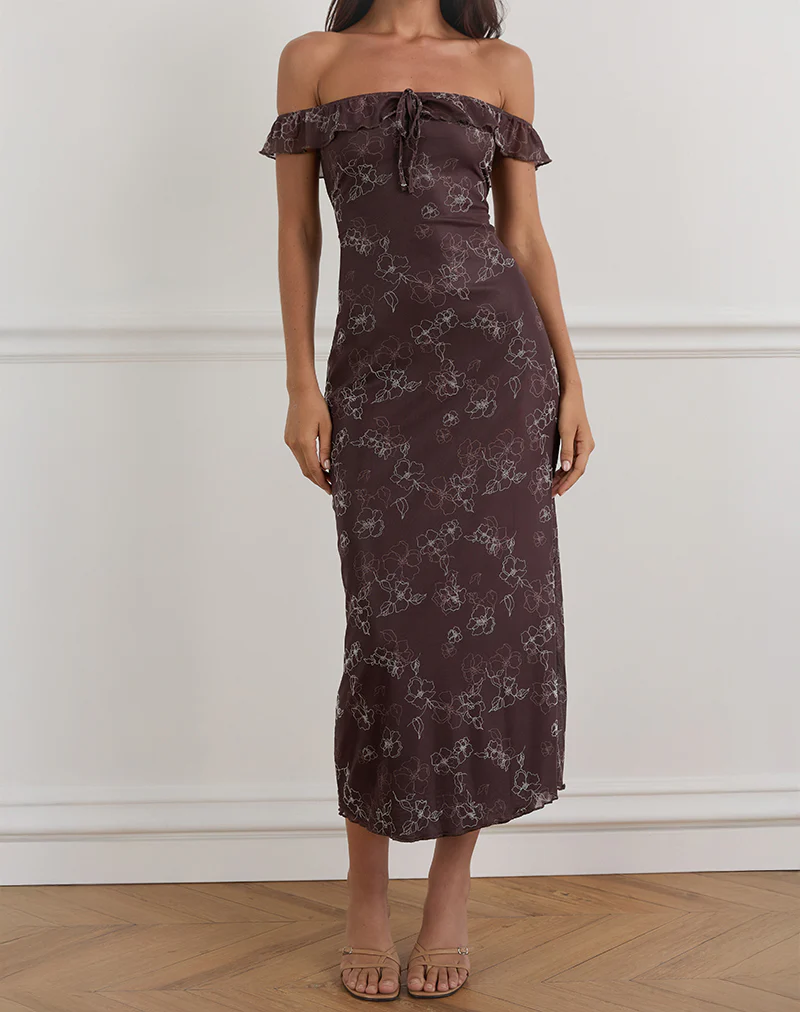 Catrin Midi Dress in Doodle Flower Flock Brown