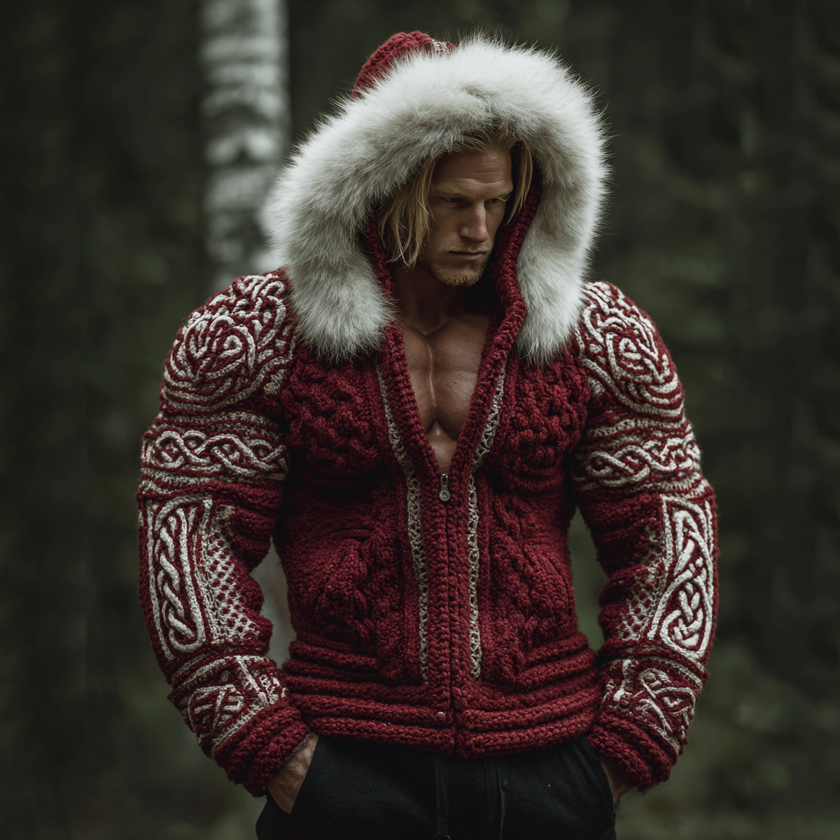 Men's Vintage Viking Celtic Knot Jacquard Hooded Knit Sweater Jacket