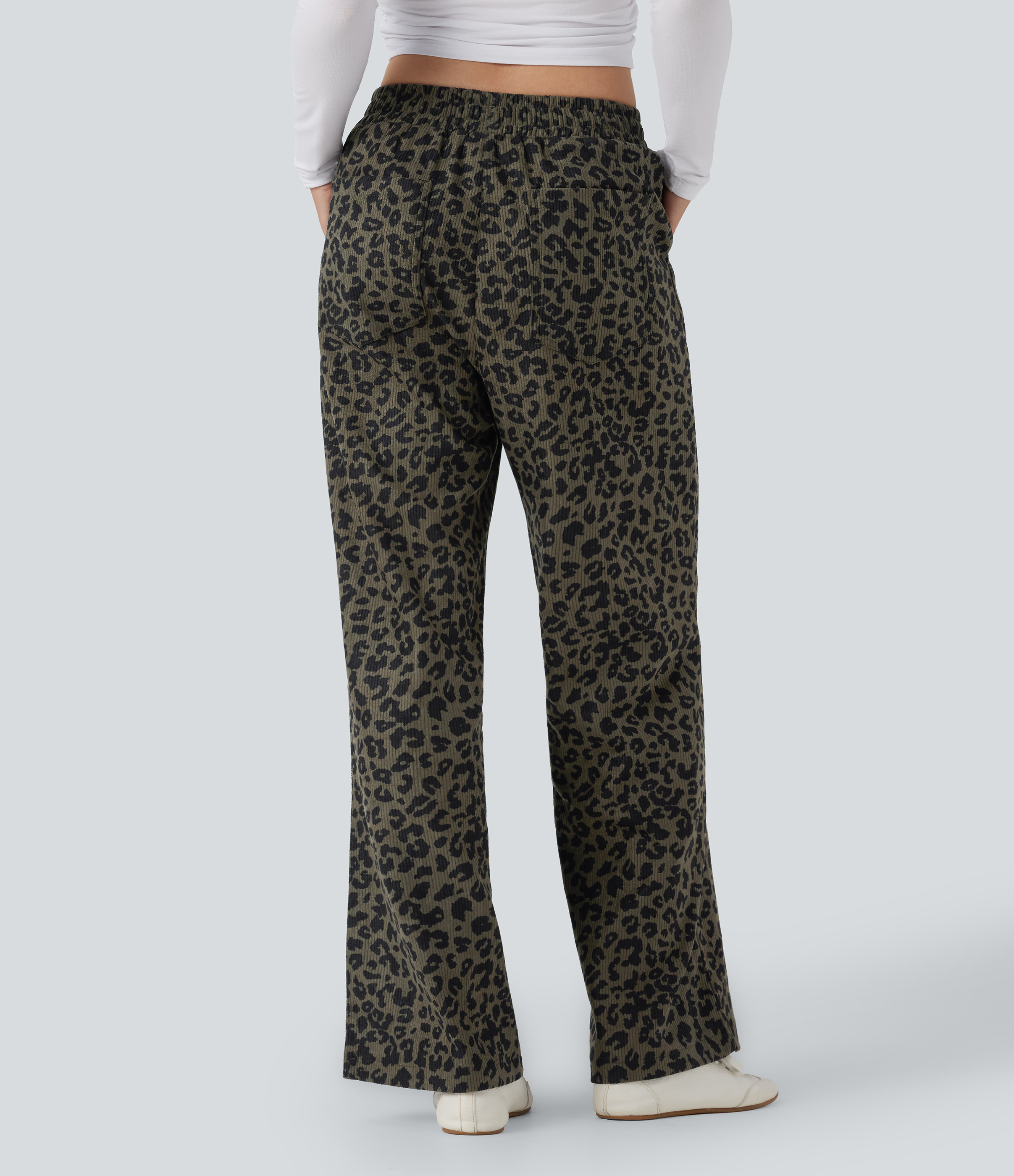 High Waisted Leopard Print Corduroy Casual Baggy Pants with Pockets