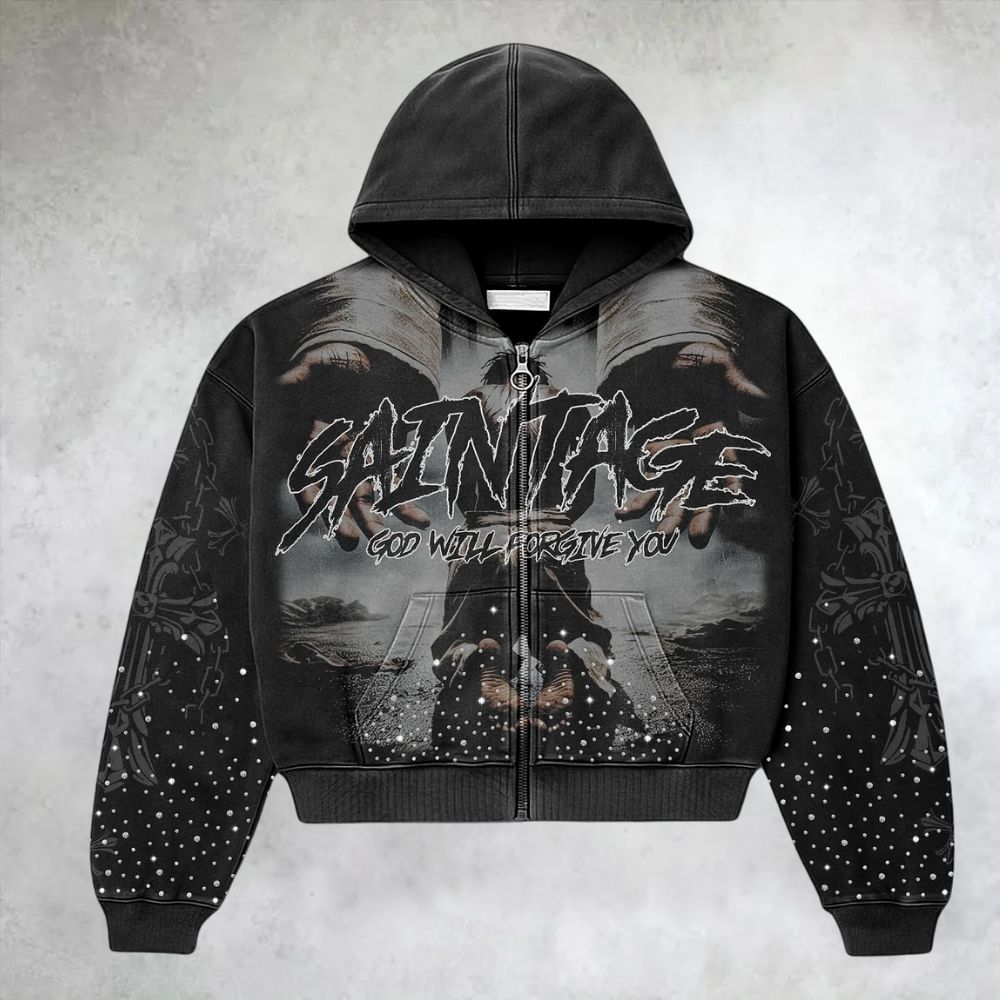 Rhinestone Gothic Pattern Loose Zip Up Hoodie