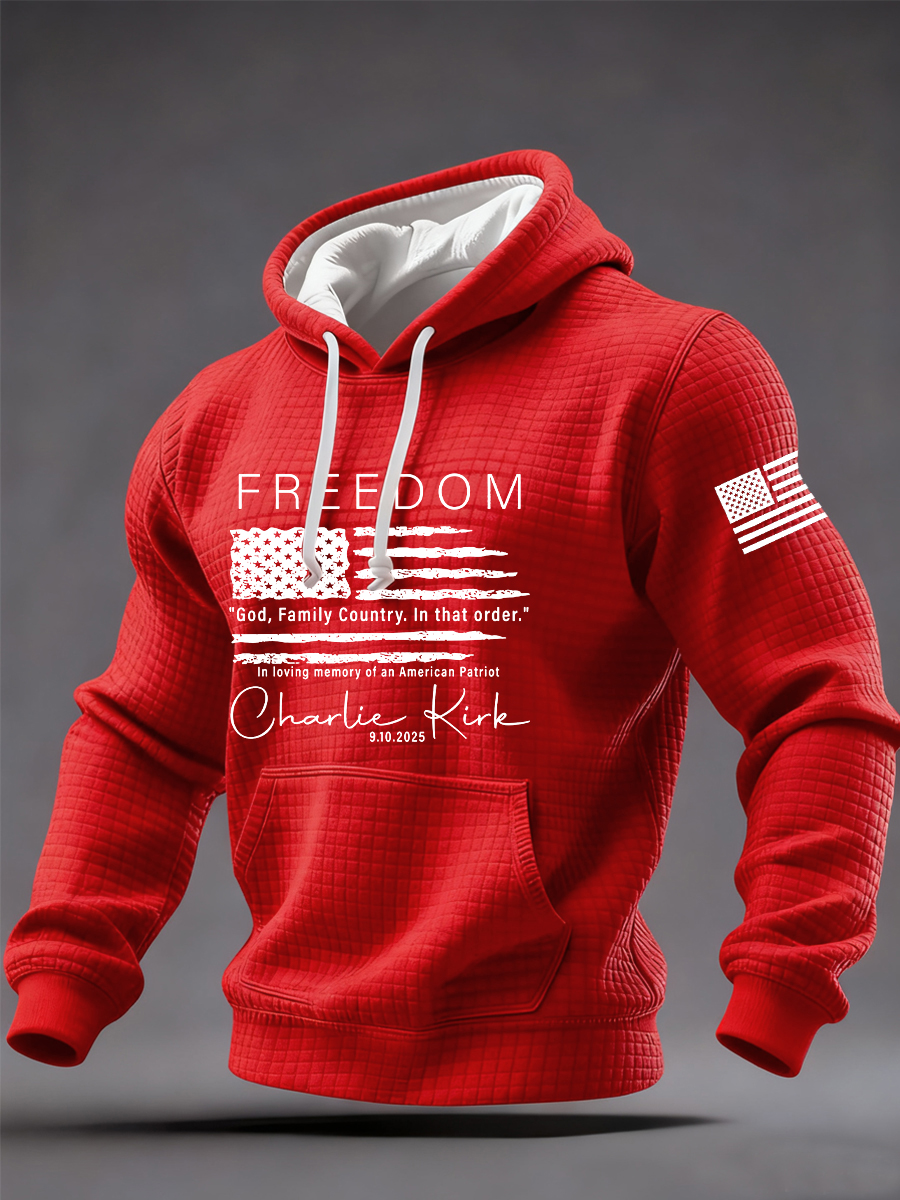Men's  Freedom God Family Country In That Order Printed Checkered Cotton Hoodie