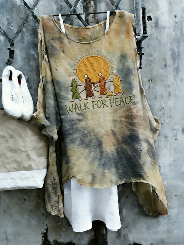Walk For Peace Aloka Dog In Tie Dye Art Linen Tunic