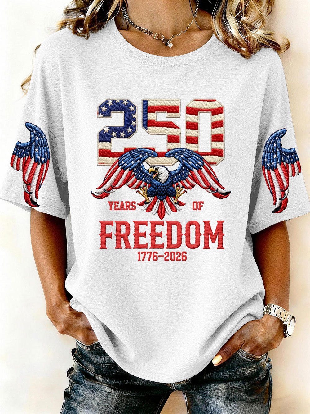 Women’s USA 250th Anniversary Embroidered Print Crew Neck Short Sleeve T-Shirt