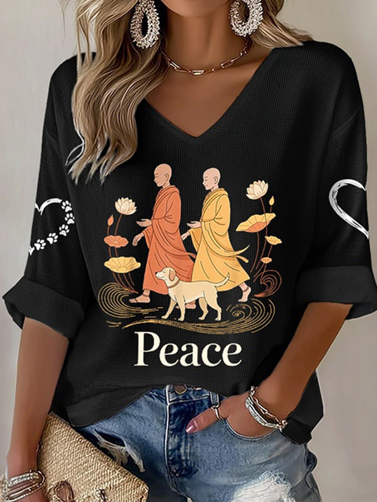Women's Retro Walk For Peace Monks With Aloka Dog Print V-neck T-shirt
