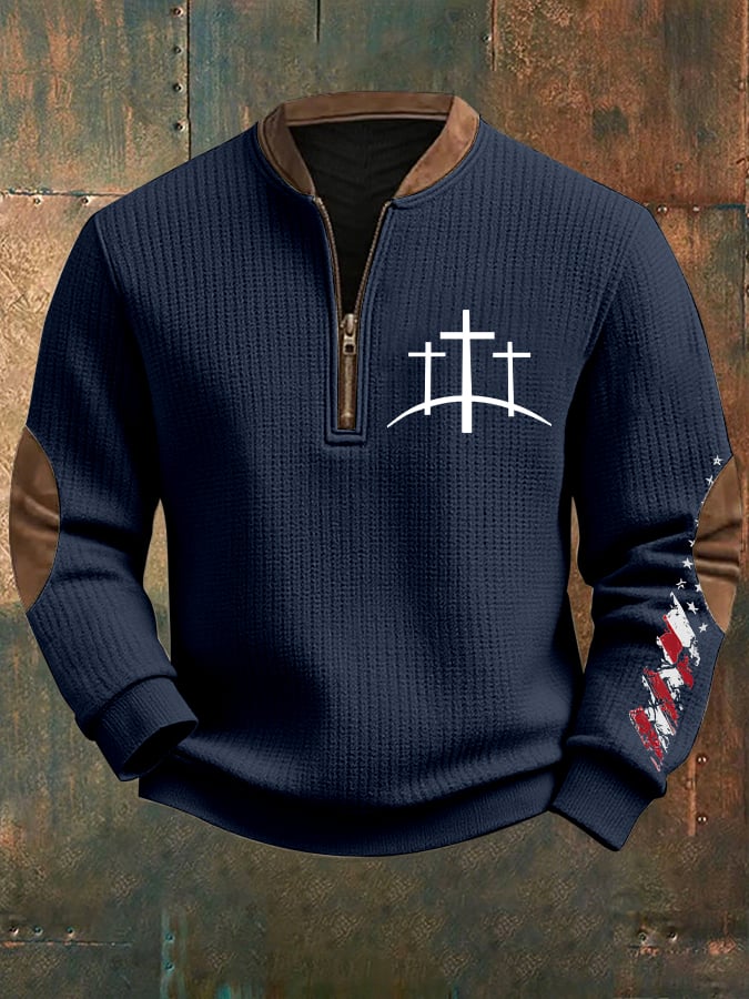 Men's Retro Faith Design Printed Zip Knit Sweatshirt