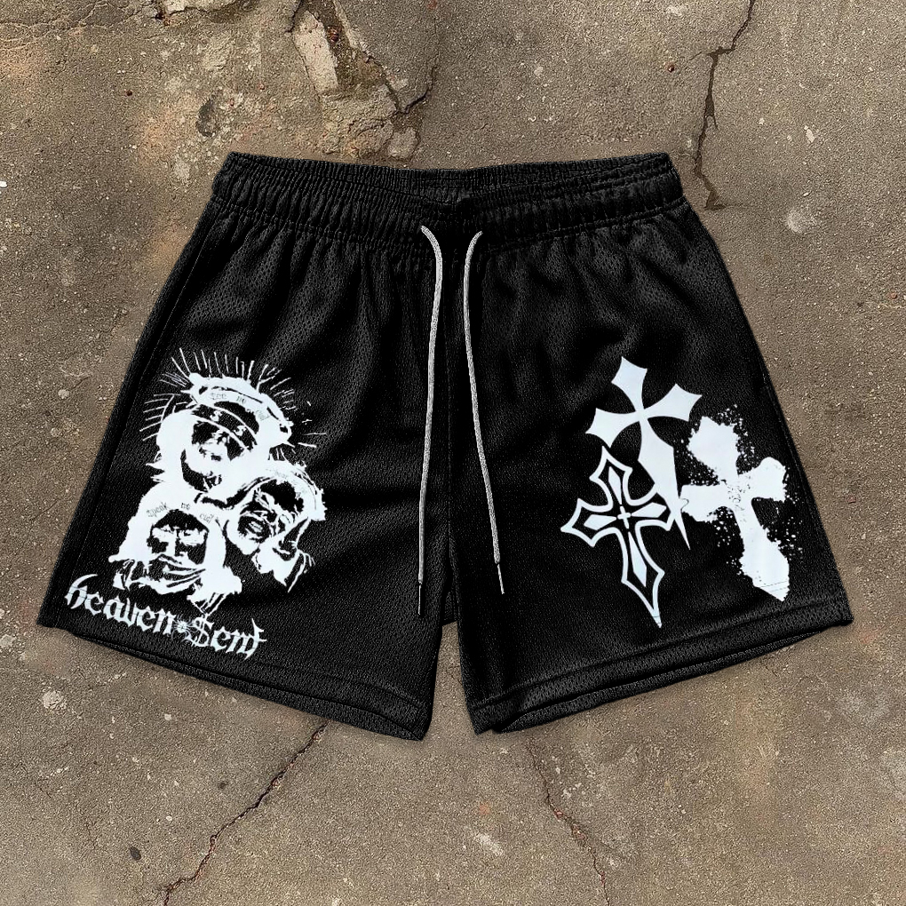 Heaven Sent Cross Art Graphic Casual Street Mesh Shorts