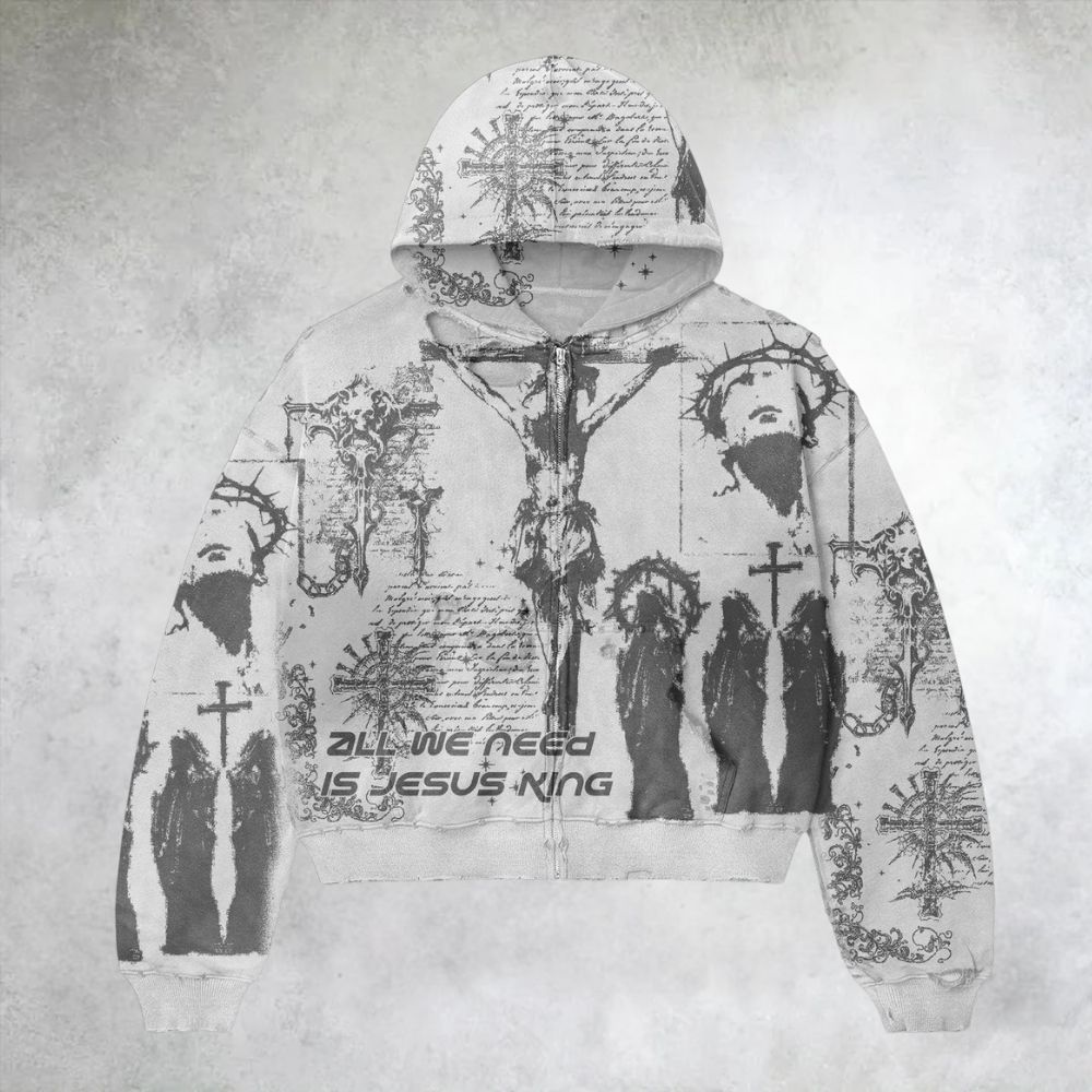 Jesus King Religious Allover Print Zip Up Hoodie