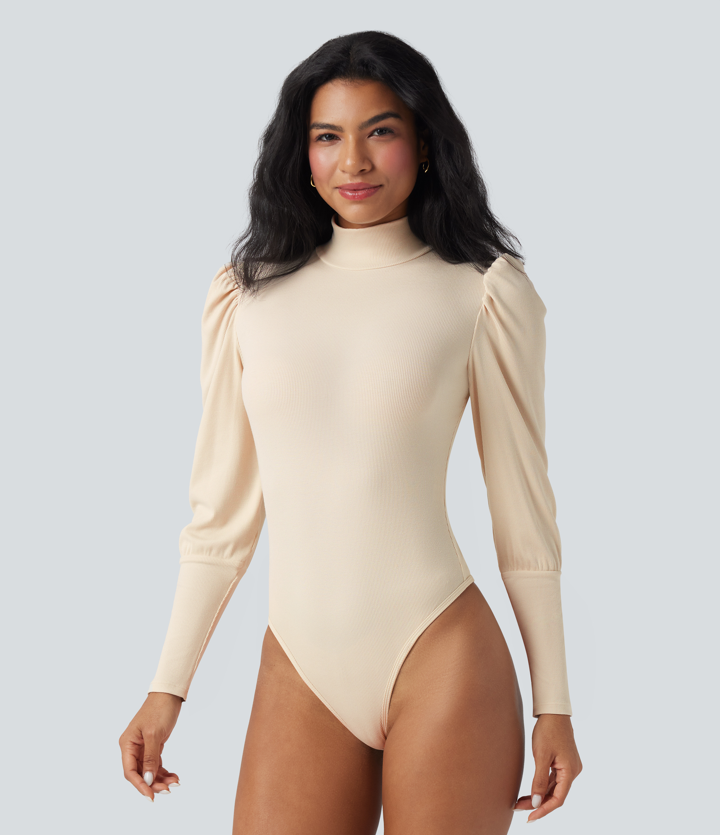 Ribbed Knit High-neck Puff Sleeve Skinny Work Bodysuit