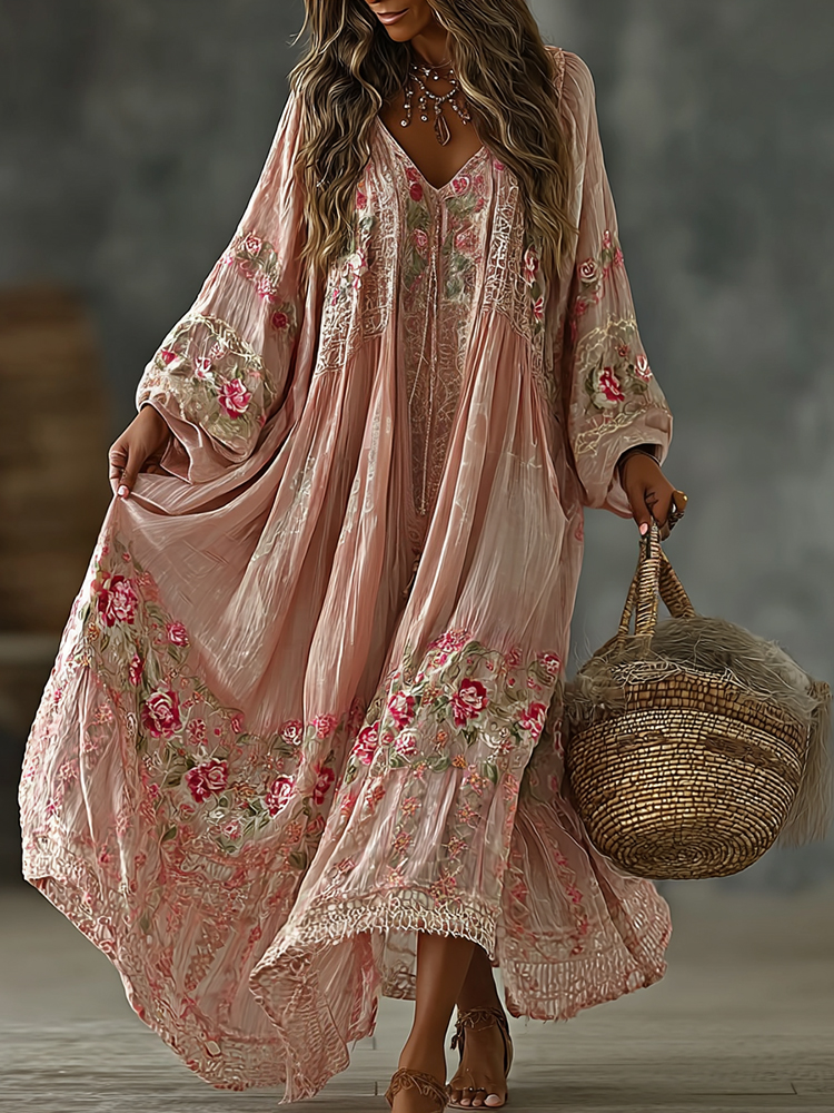 Women's Vintage Floral Art Flowy Linen Blend Casual V Neck Long Sleeve Maxi Dress