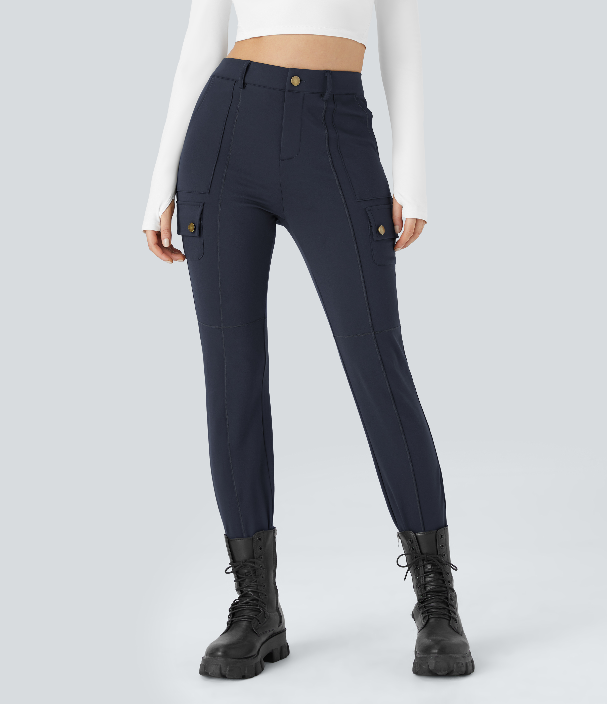 High Waisted Zipper Pockets Solid Skinny Cargo Pants