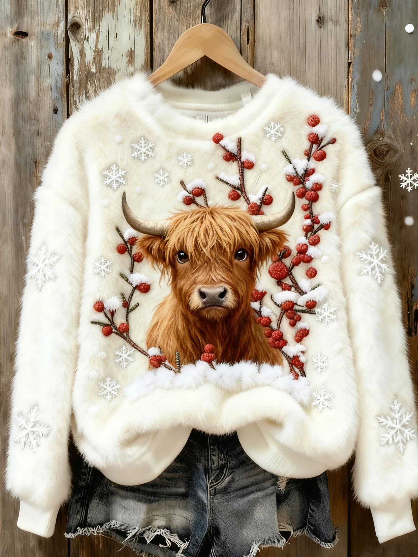 Women's Highland Cattle Print Flannel Sweatshirt