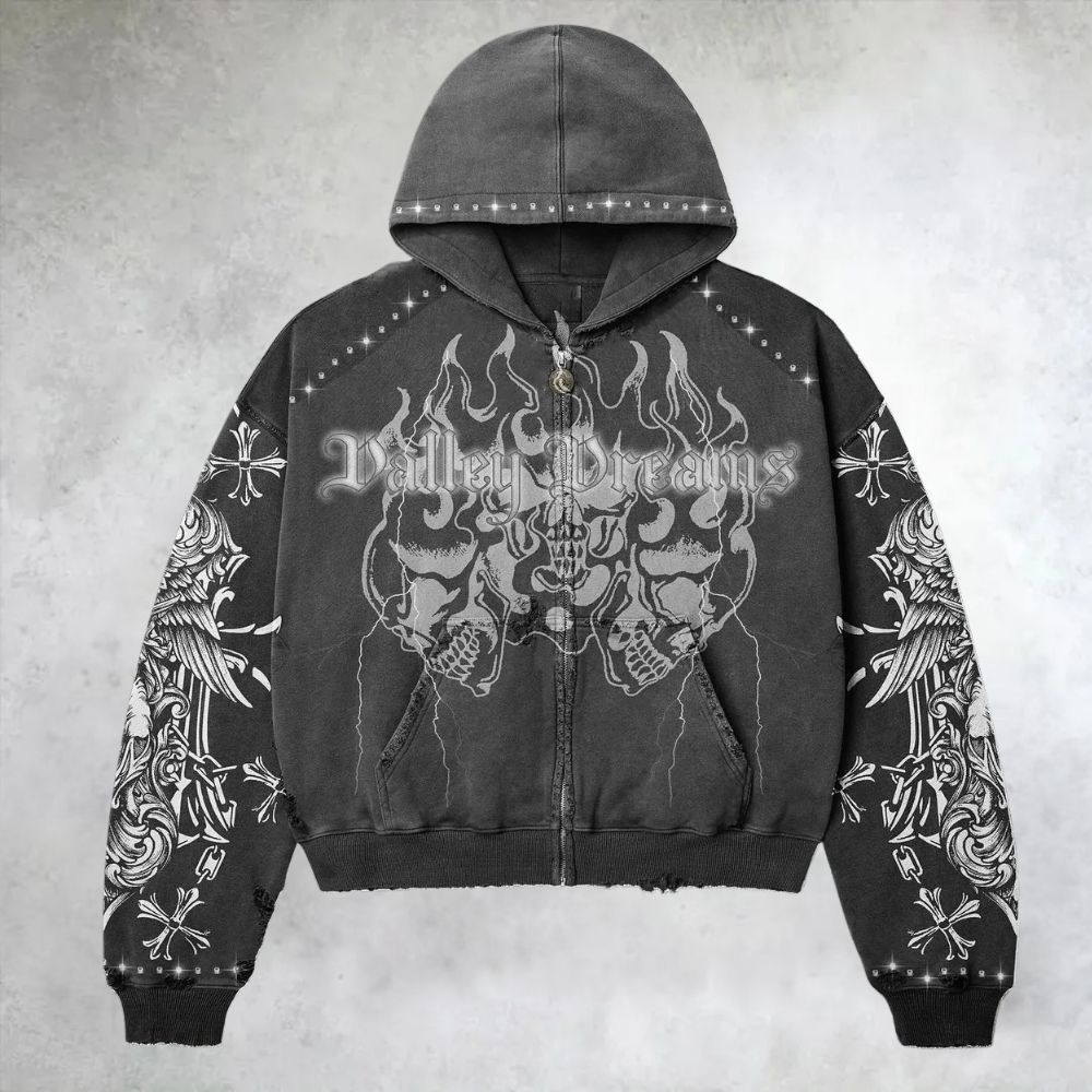 Gothic Wing Cross Loose Zip Up Hoodie