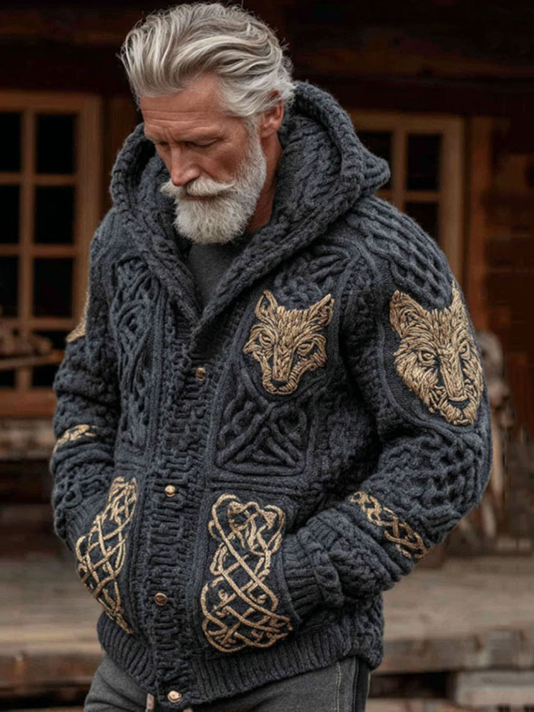 Men's Viking Celtic Wolf Pattern Art Cozy Button Hooded Jacket