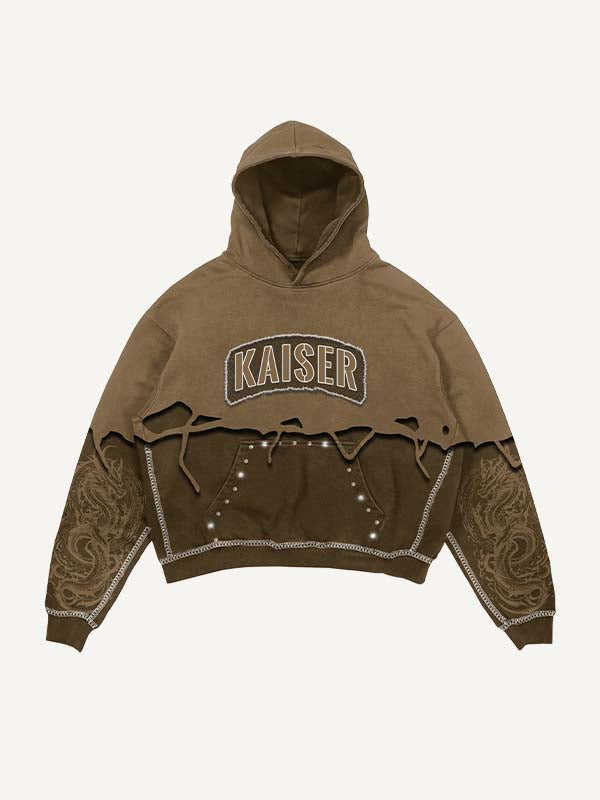 Colorblock Dragon&Letter Faux Decal Print Slant Pockets Hoodie