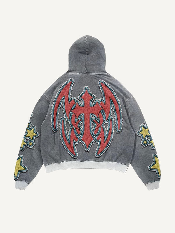 Cross&Wing&Star&Letter Faux Decal Print Slant Pockets Hoodie