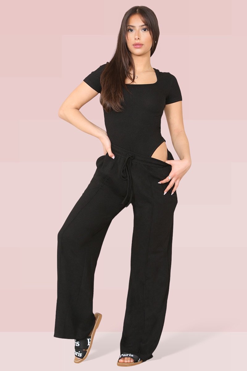 Trendy Square Neck Shaping Bodysuit & Wide Leg Trousers Co-ord