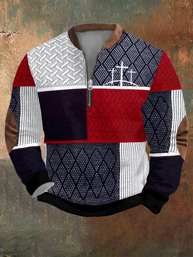 Men's Retro Western Textured Faith Cross Print Zipper Neck Sweatshirt