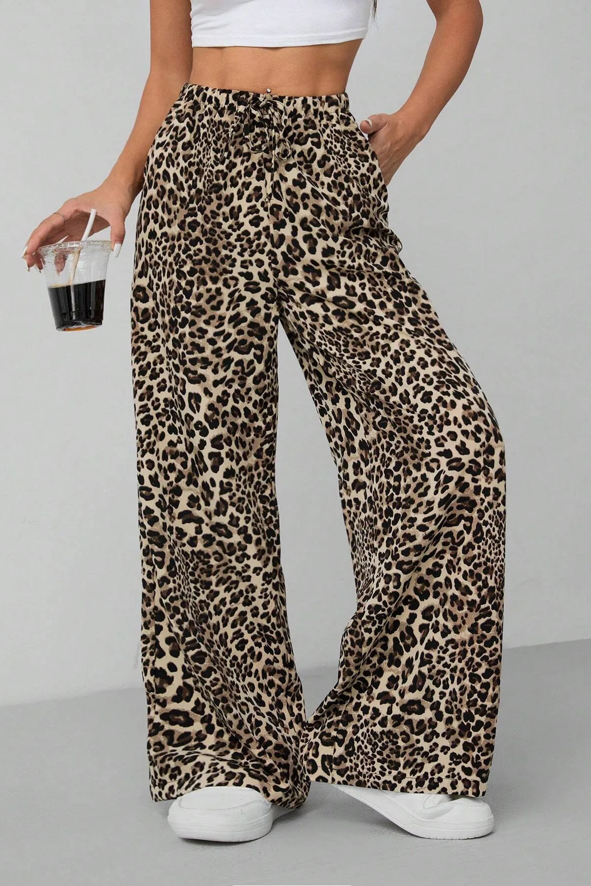 High Waist Leopard Print Drawstring Decor Wide Leg Trousers