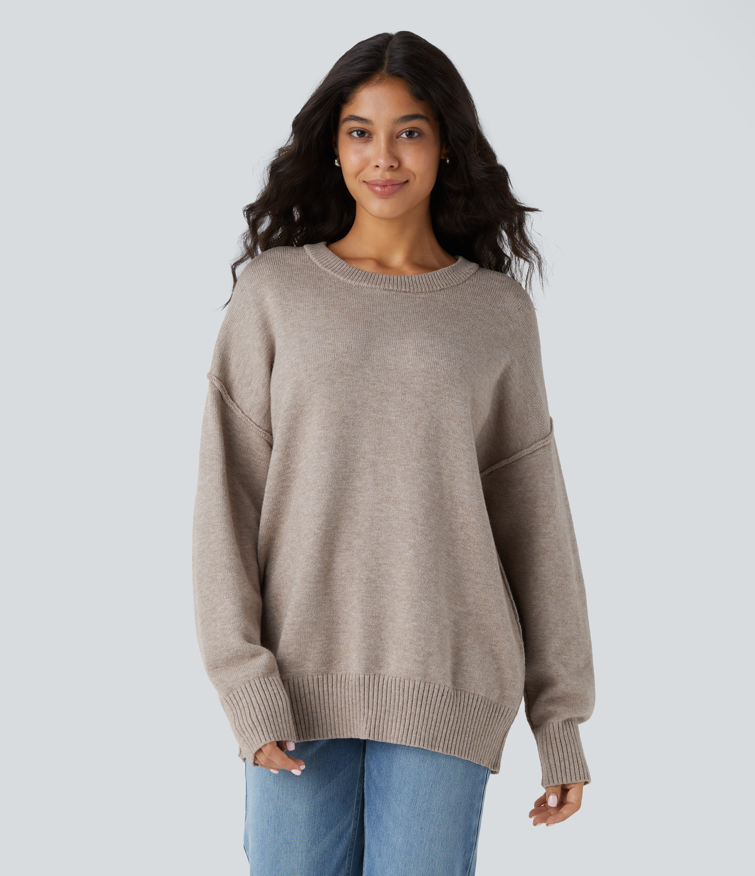 Round Neck Dropped Shoulder Long Sleeve Casual Sweater