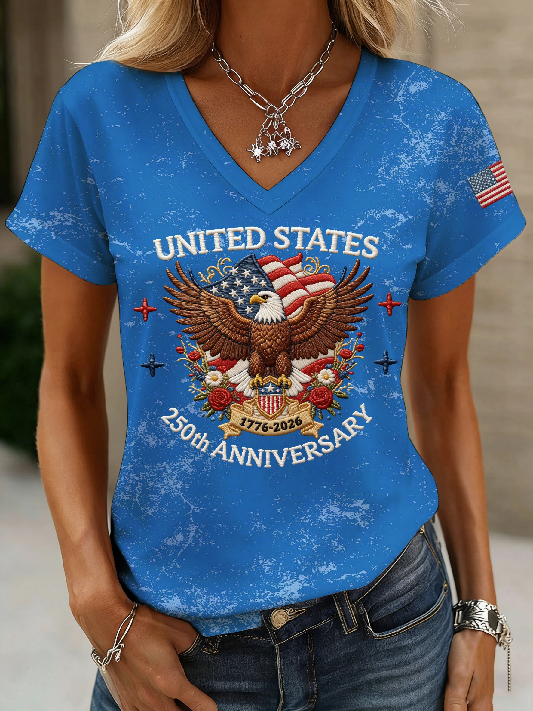 Women's American 250th Anniversary Print Casual V-Neck Top