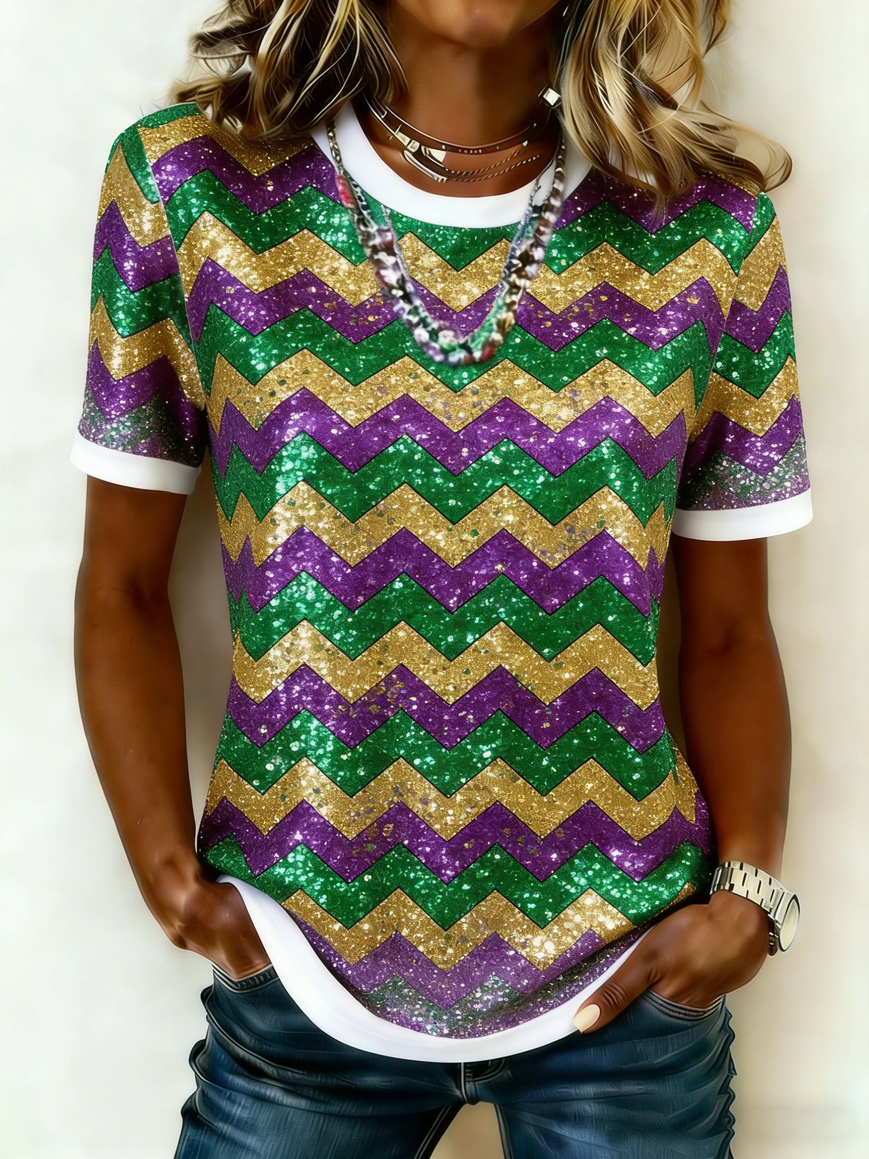 Women's Mardi Gras Print Crew Neck T-Shirt