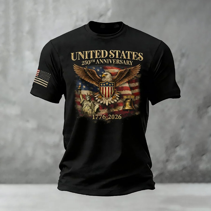 Men's Casual American 250th Anniversary Print Waffle Knit T-shirt