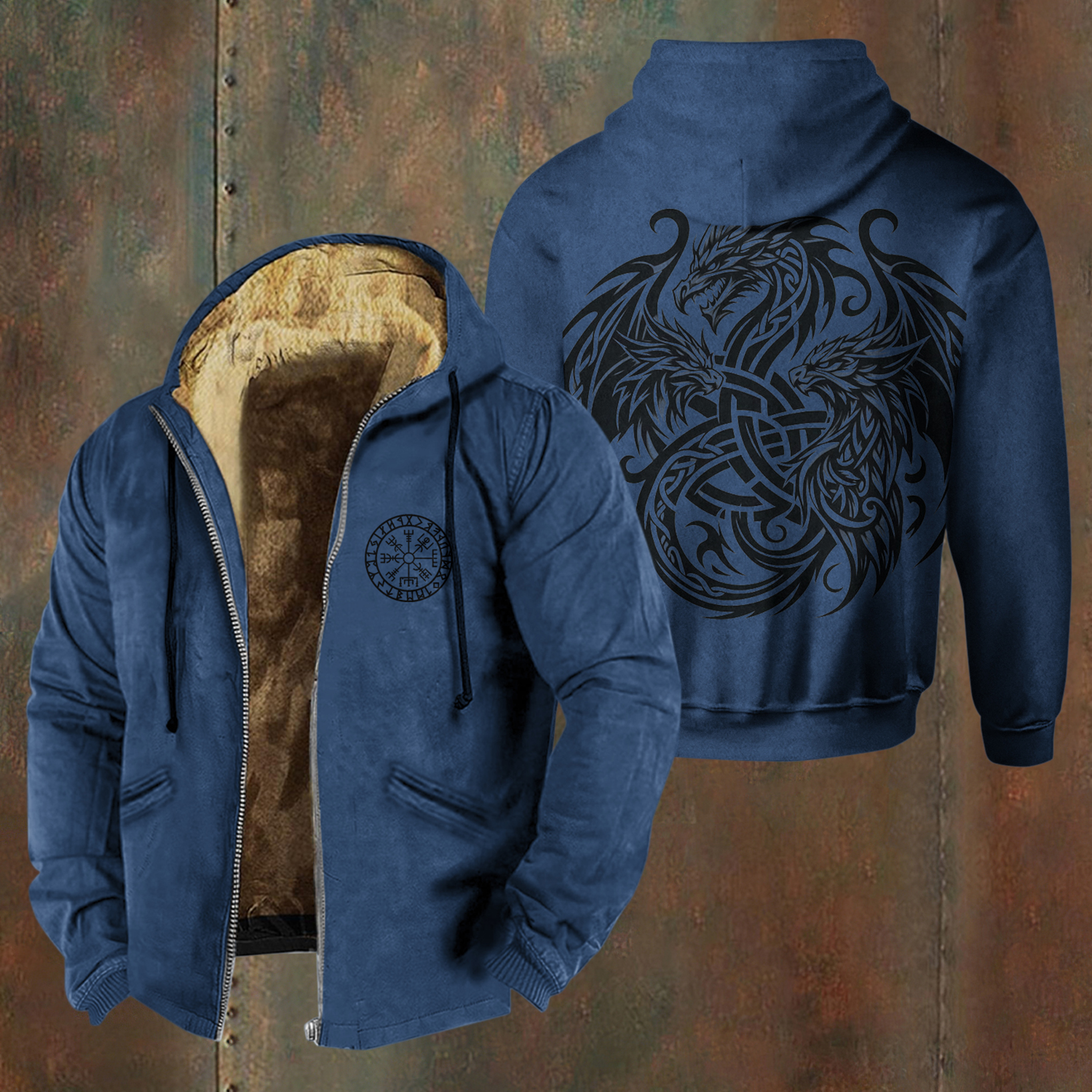 Men's Viking Style Dragon Pattern Zipper Jacket
