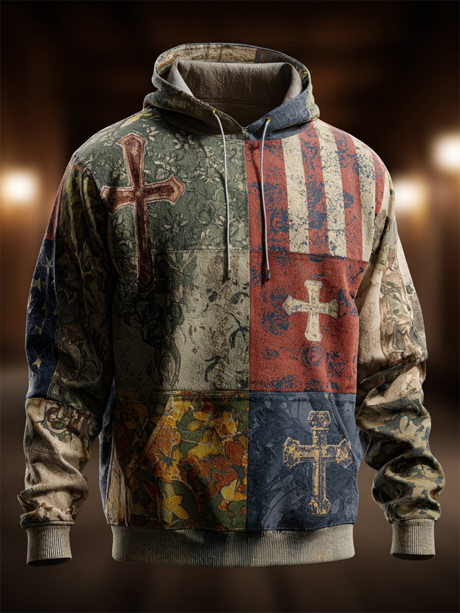 Men's Vintage Casual American Flag Cross Faith Hoodie