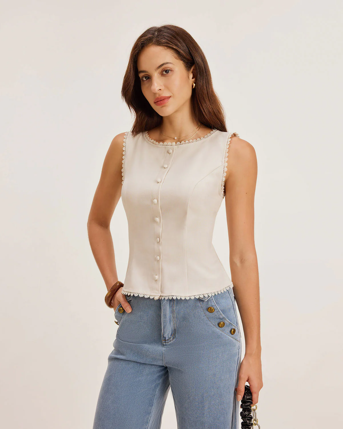 Apricot Boat Neck Button Vest