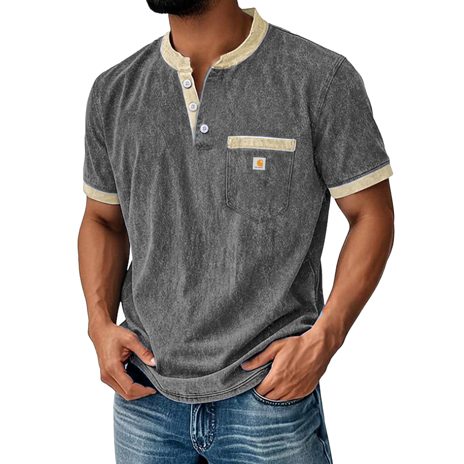 Men's Henley Shirt 100% Cotton Acid Wash Shirt T shirt Tee Short Sleeve Solid Retro