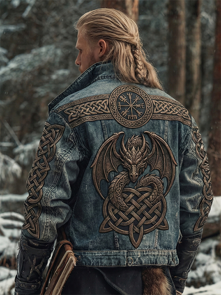 Men's Vintage Viking Celtic Dragon Art Washed Denim Jacket