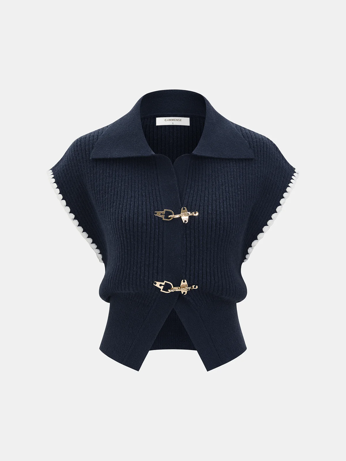 Metal Clasp Contrast Trim Collared Knit Vest