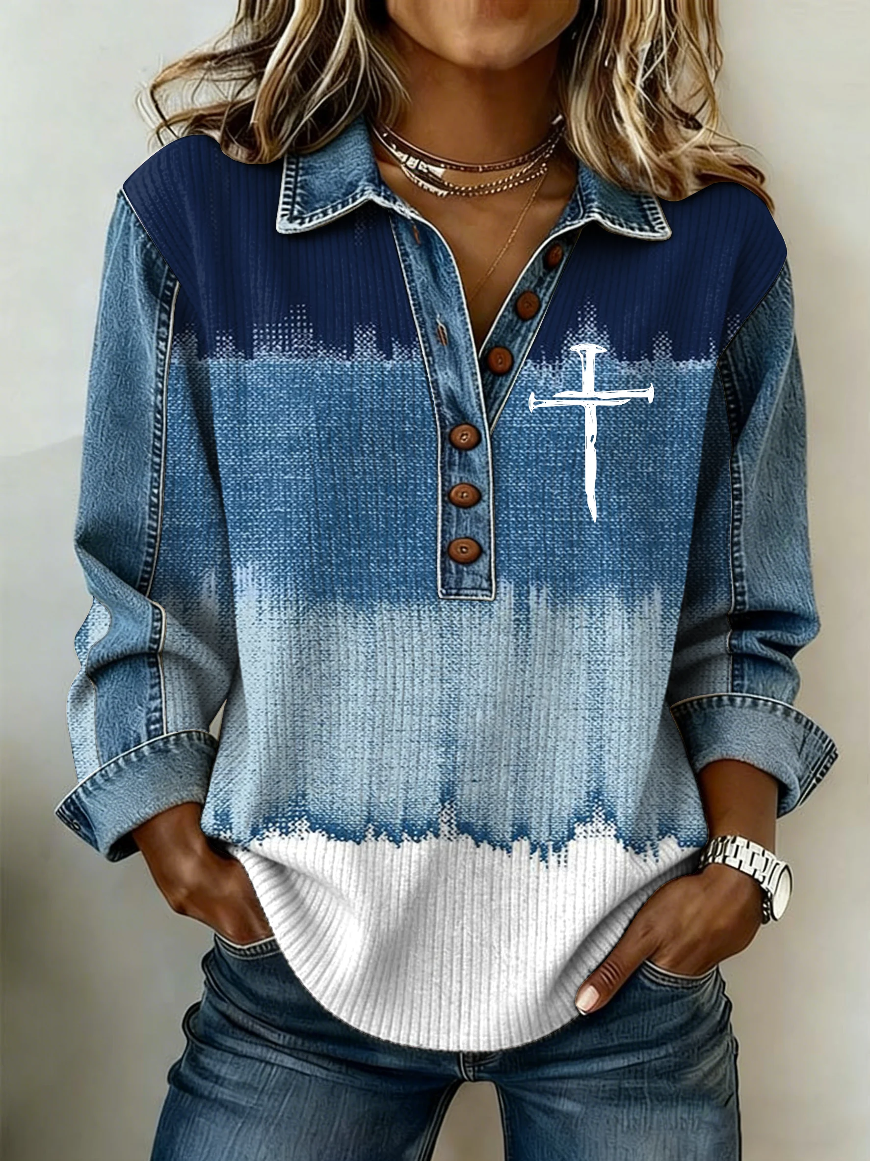Women's Faith Printed Collar Button-Down Knit Top-Fast Shipping