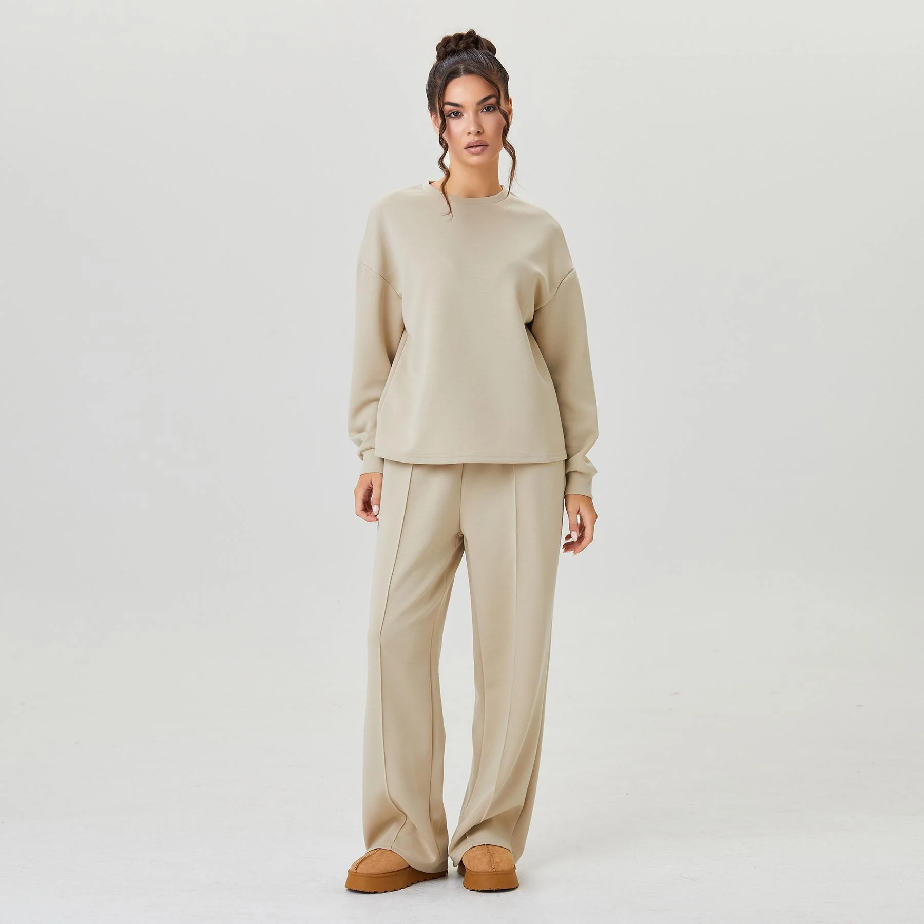 KatchMe Women's Lightweight Solid Color Loose Long Sleeve Top & Exposed Stitches Trousers Co-ord (B), Spring & Fall Round Neck Top & Wide Leg Trousers Two Piece Outfits