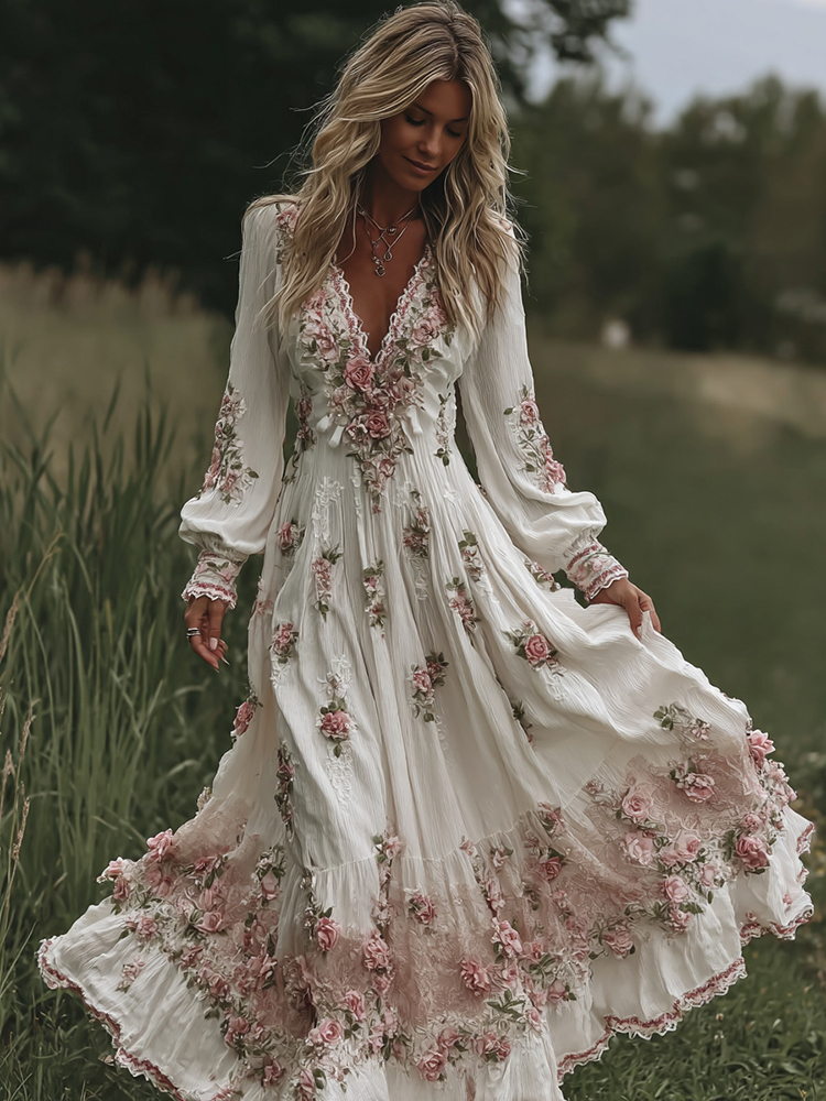 Women's Vintage Floral Art Linen Dress