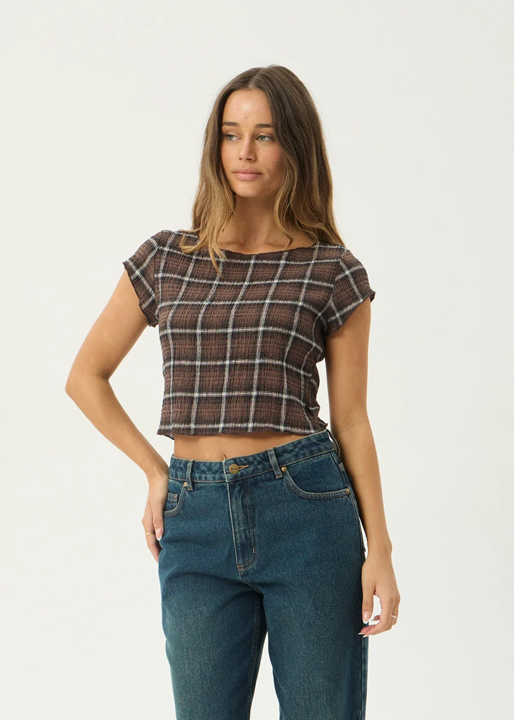 AFENDS Womens Darcy - Seersucker Top - Coffee Check