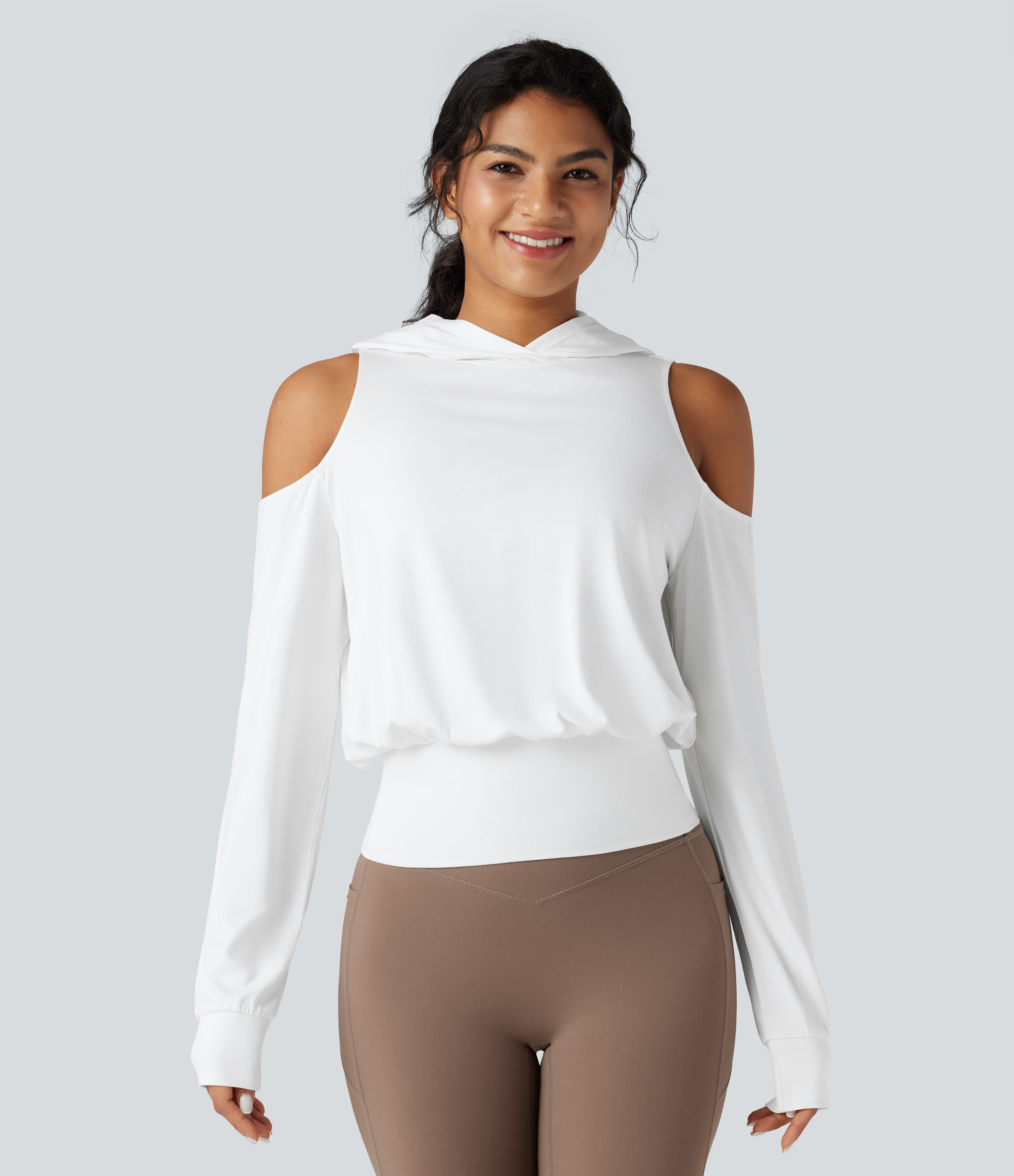 Hooded Cold Shoulder Long Sleeve Workout Sports Sweatshirt