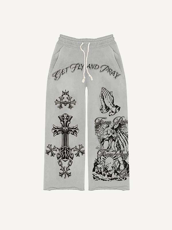 Angel&Pray&Cross&Letter&Pigeon&Graphic Print Elastic Waist Pants