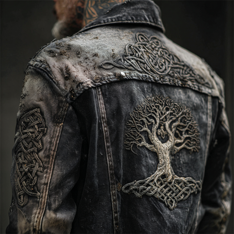 Men's Viking Tree Of Life Celtic Vintage Washed Denim Jacket
