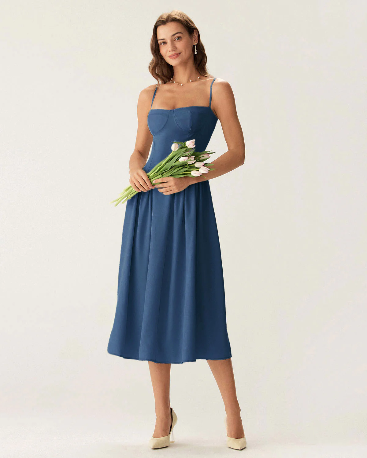 Navy Square Neck Pocket Slip Midi Dress
