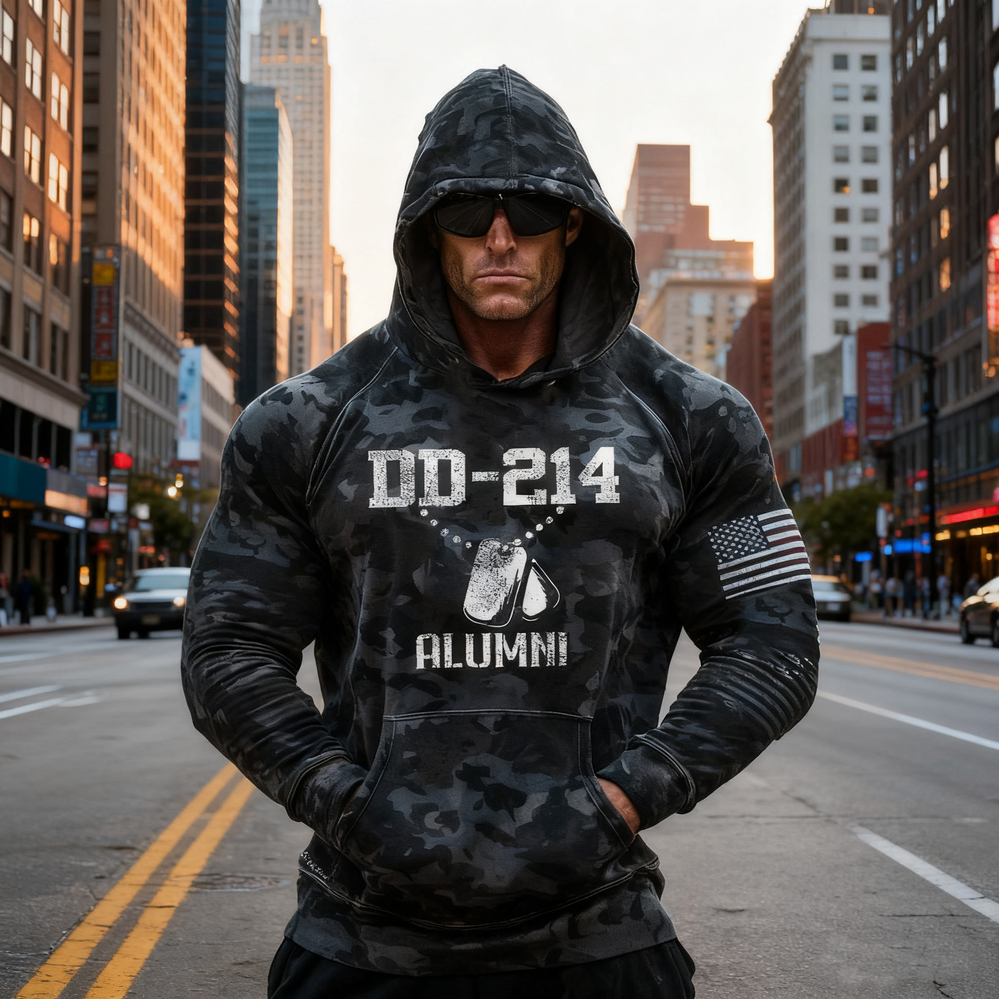 Men's Retro DD-214 Alumni Veteran USA Flag Camouflage Print Casual Hoodie