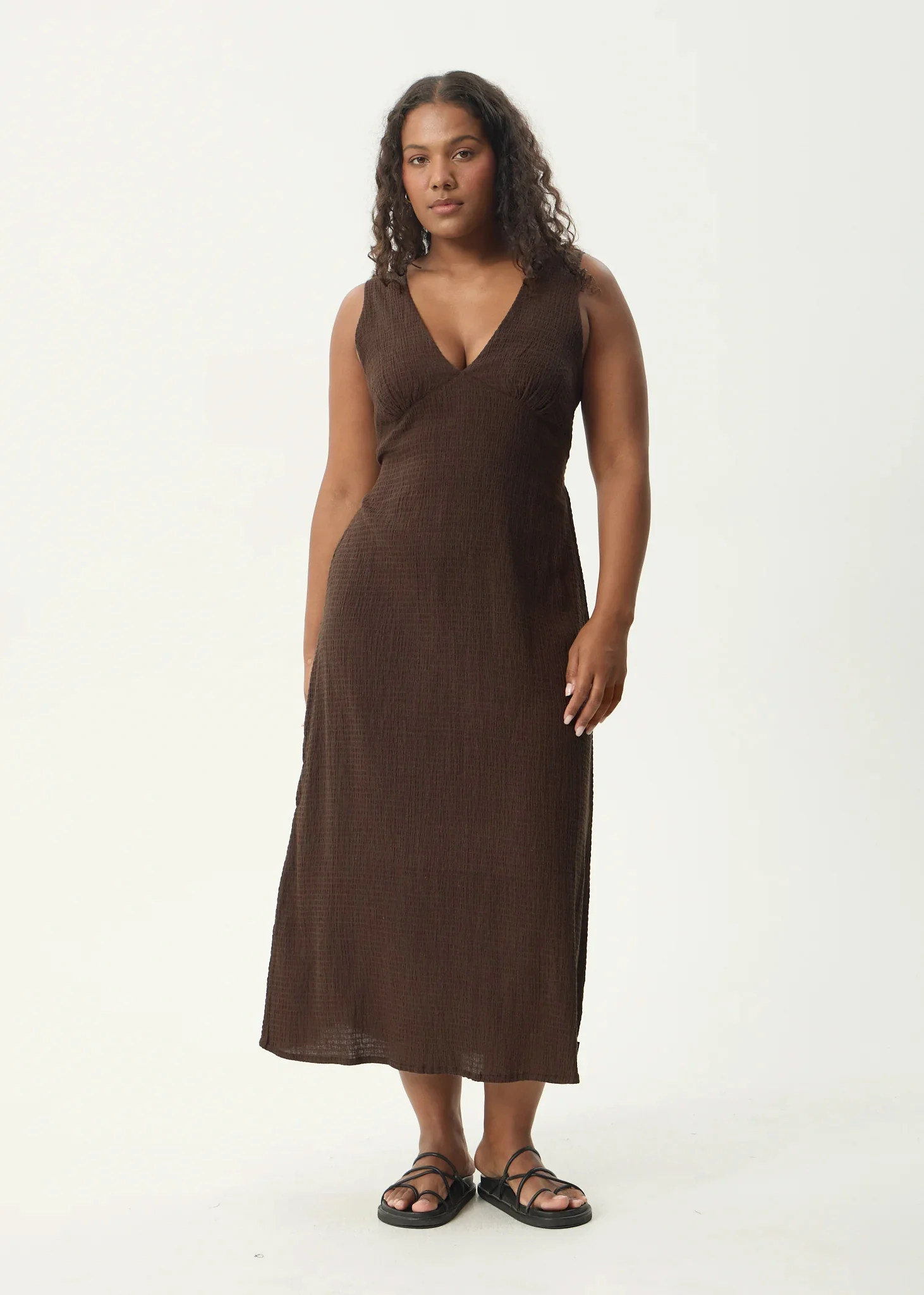 AFENDS Womens Focus Tully - Seersucker Maxi Dress - Coffee