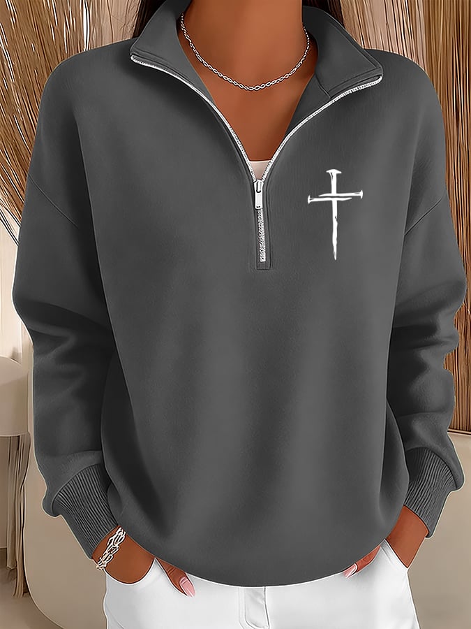 Women's Retro Faith Cross Design Printed Zipper Stand Collar Sweatshirt