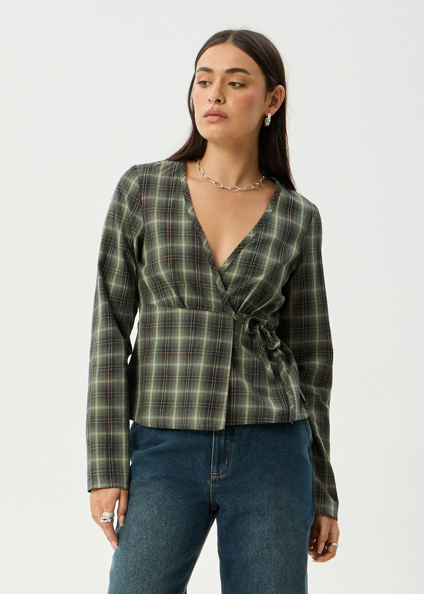 AFENDS Womens Jonah - Long Sleeve Top - Deep Olive Check