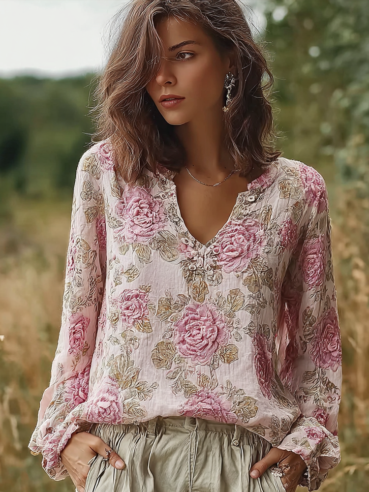 Bohemian Retro Countryside Style Plant Flower Design Cotton And Linen Women's Long-sleeve Shirt