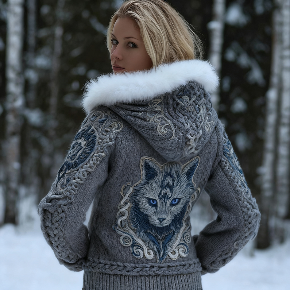 Viking Retro Style Cat Embroidery Pattern Women's Knit Hooded Sweater Jacket